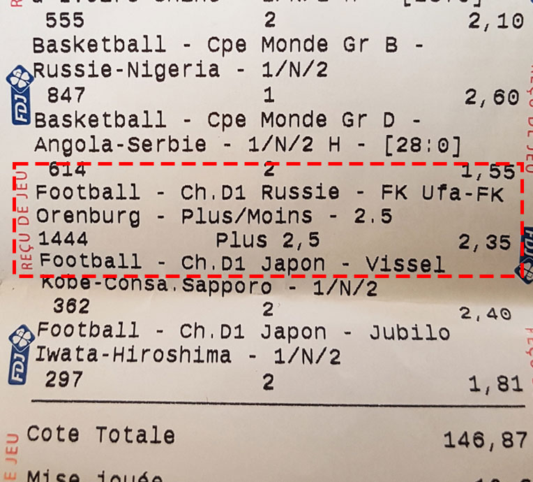 un bulletin validé chez un buraliste pour un pari over/under