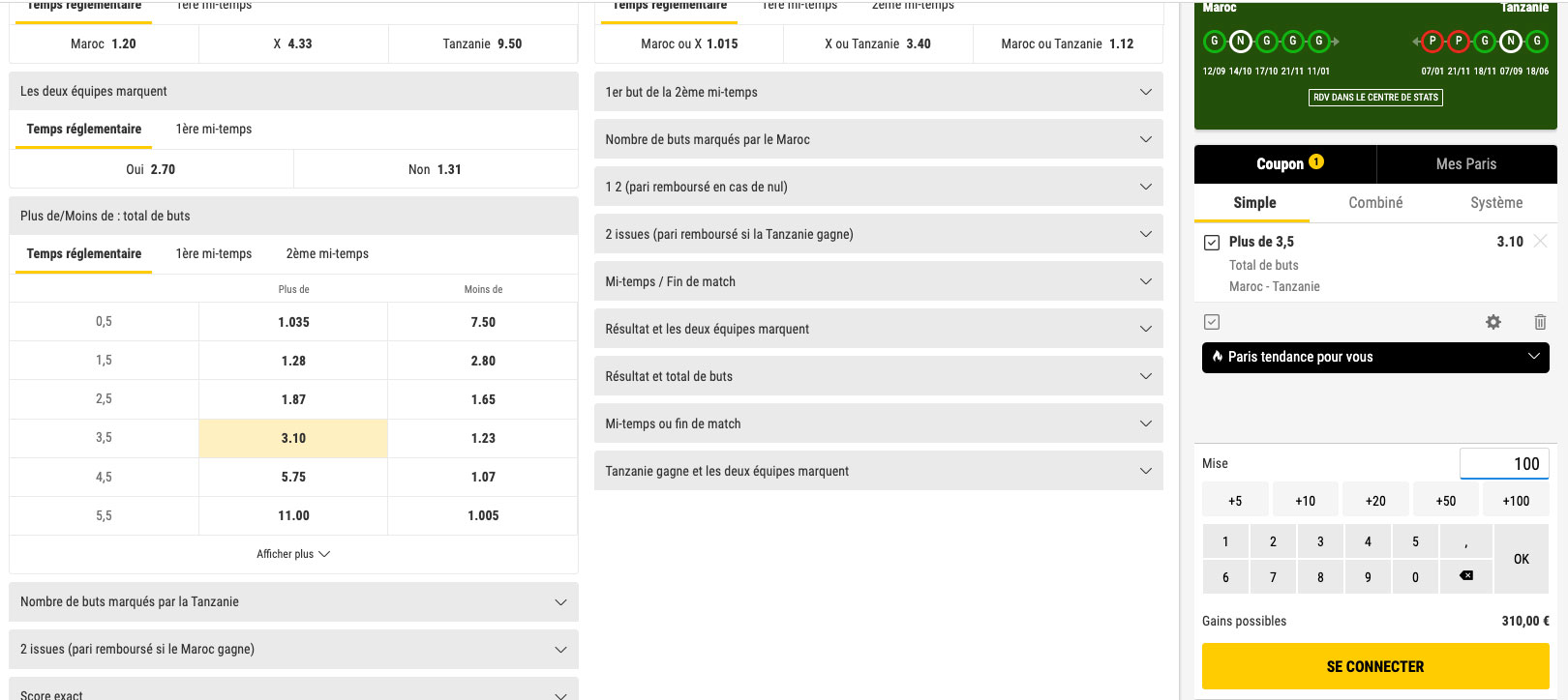 un coupon validé chez un bookmaker en ligne pour un pari over/under